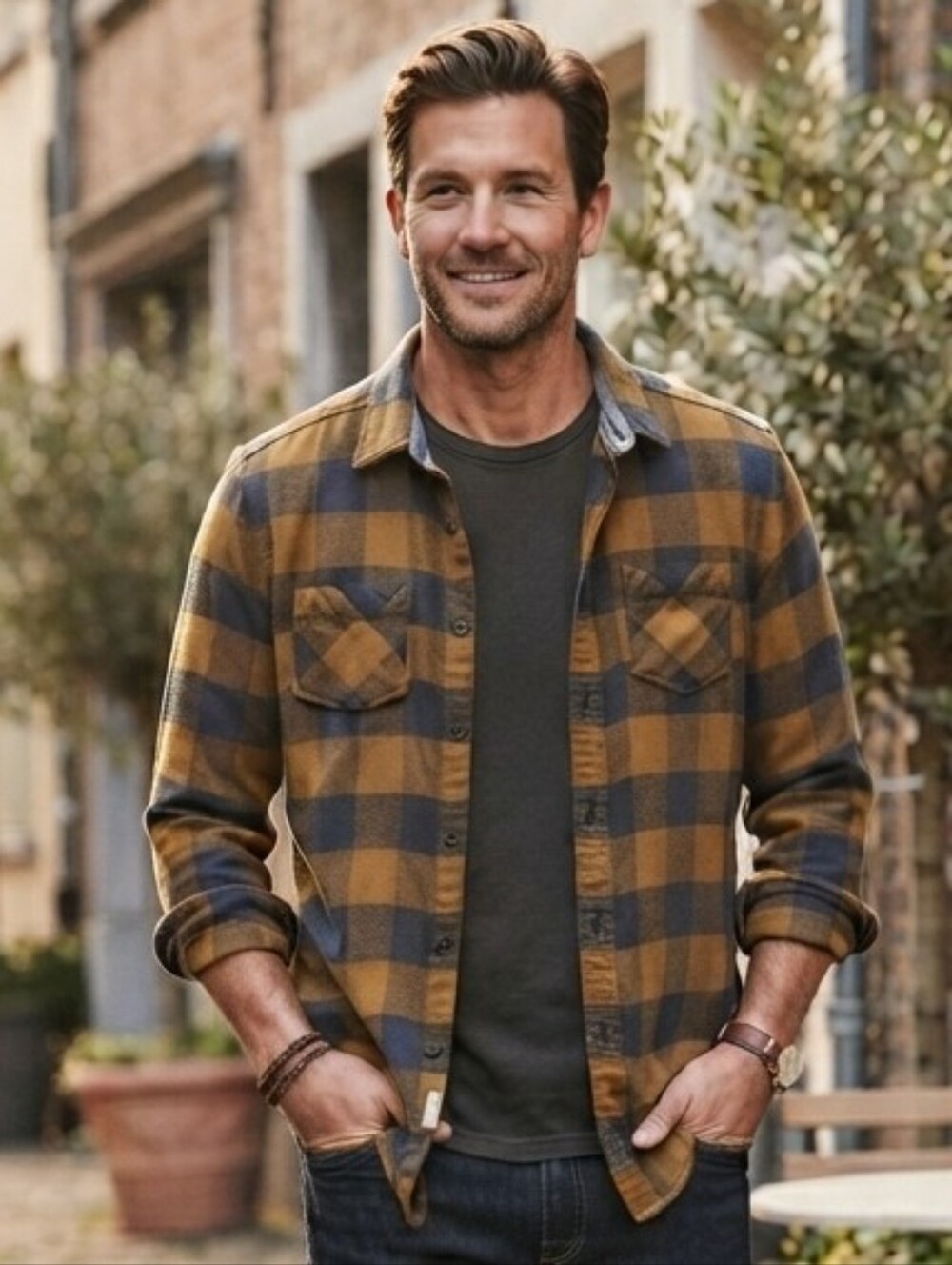 Men’s XXL Mustard Yellow Navy Blue Buffalo Check Plaid Flannel Shirt Cotton